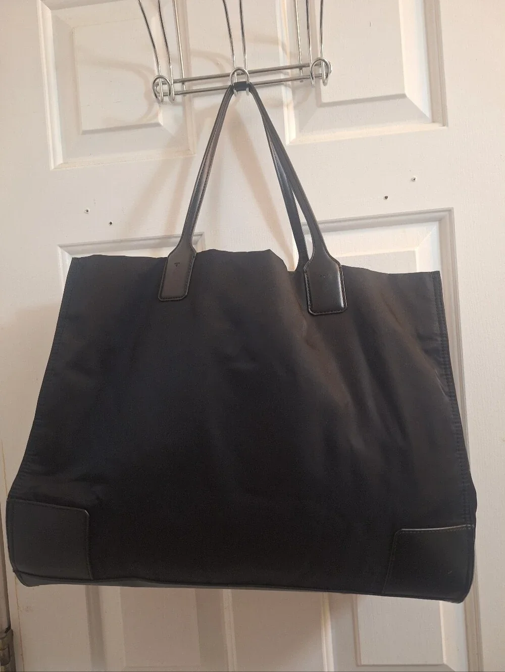 Tory Burch Black Nylon Logo Tote Bag Leather Trim